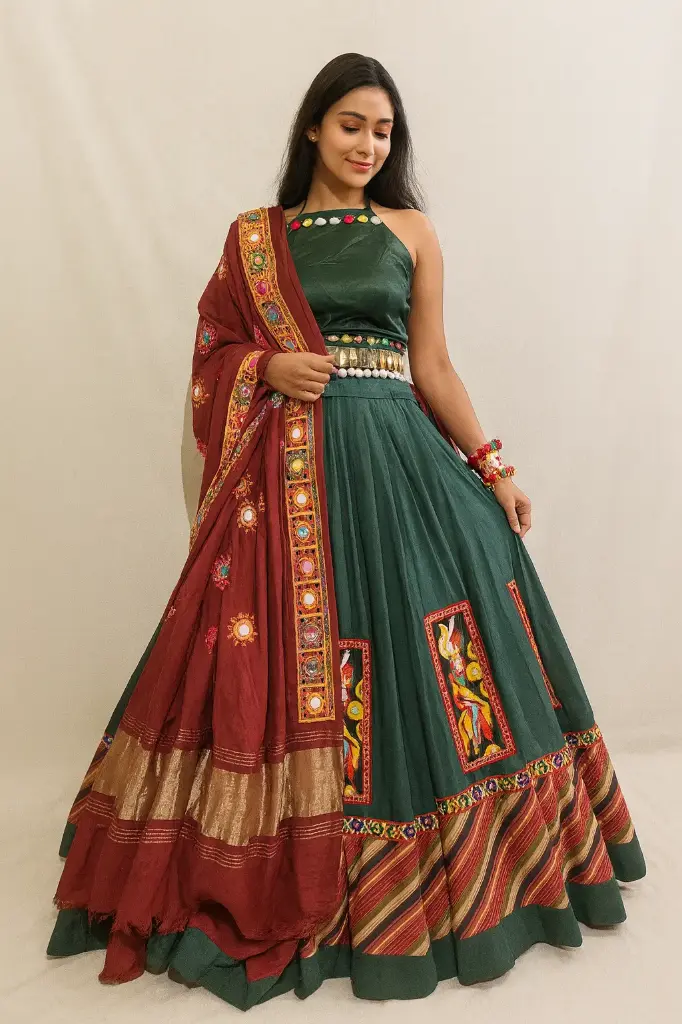 Dark Green Chaniya choli with mirror work dupatta and backless blouse