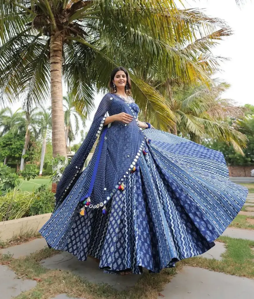 Navy Blue Color Muslin With Printed Designer Lehenga Choli - with Fully Stitched Blouse