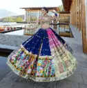 Blue Color Muslin with Digital Print Real Mirror Work Lehenga Choli - with Fully Stitched Blouse