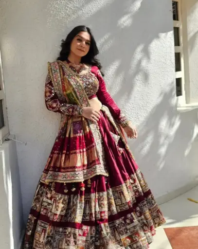 Red Color Mirror Work Digital Print Lehenga Choli - with Fully Stitched Blouse
