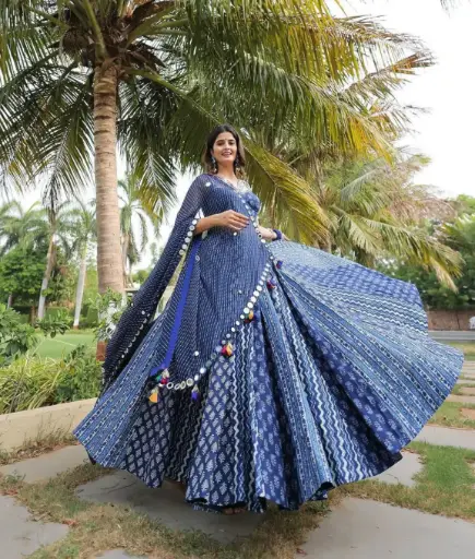 Navy Blue Color Muslin With Printed Designer Lehenga Choli - with Fully Stitched Blouse
