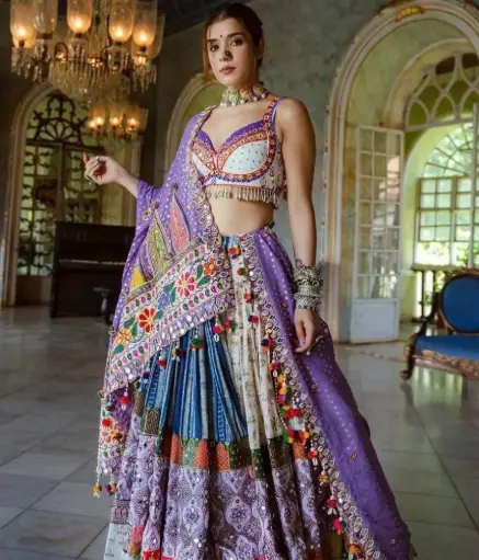 White Purple Lehenga Choli with Real Mirror Work - with Fully Stitched Blouse