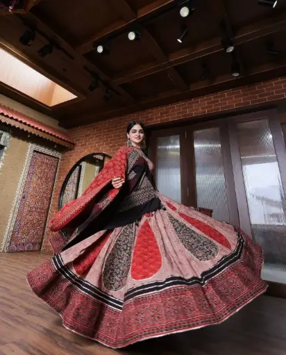 Red and Black Designer Printed Lehenga Choli - with Fully Stitched Blouse