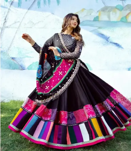 Black Color Digital Printed with Mirror Work Navaratri Chaniya Choli  - with Fully Stitched Blouse